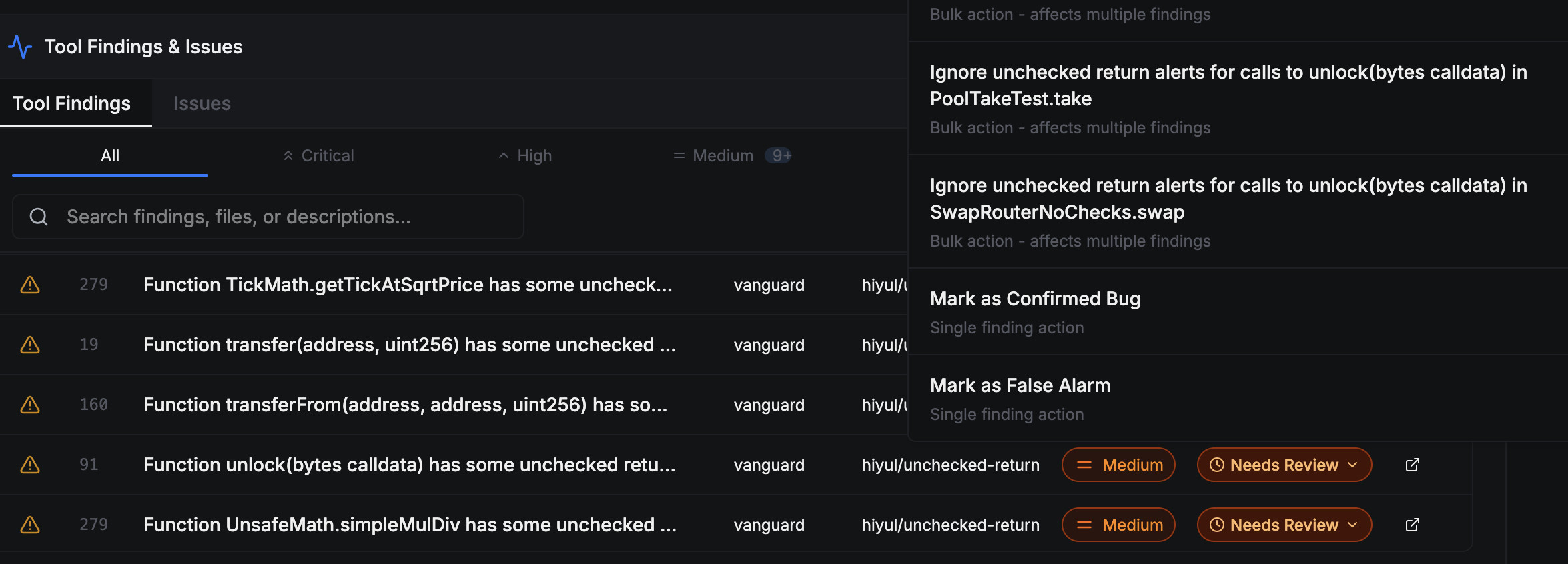 Dropdown menu that offers actions that can be applied