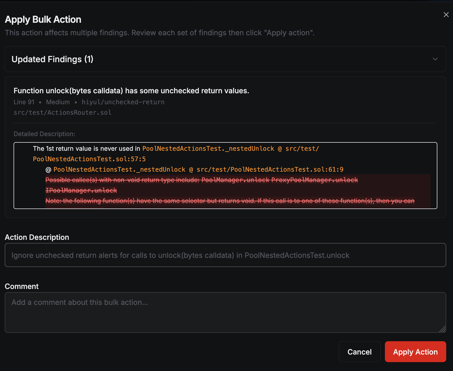 Dialog that is shown to apply a bulk action