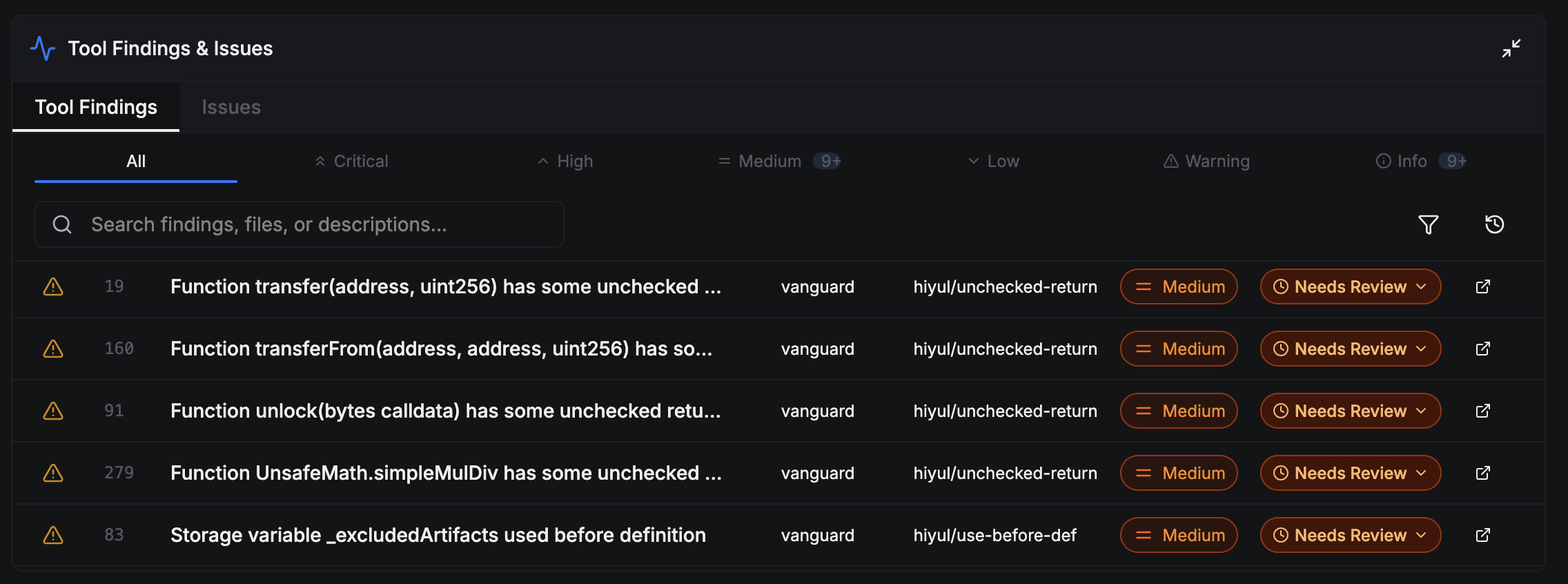 Image of tool findings pane, which has a table of findings.